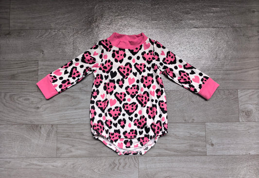 Sample-Real Pics LR3332 Baby Girl Clothes Heart Leopard Mixed Print Long Sleeve Mock Neck Bubble Romper