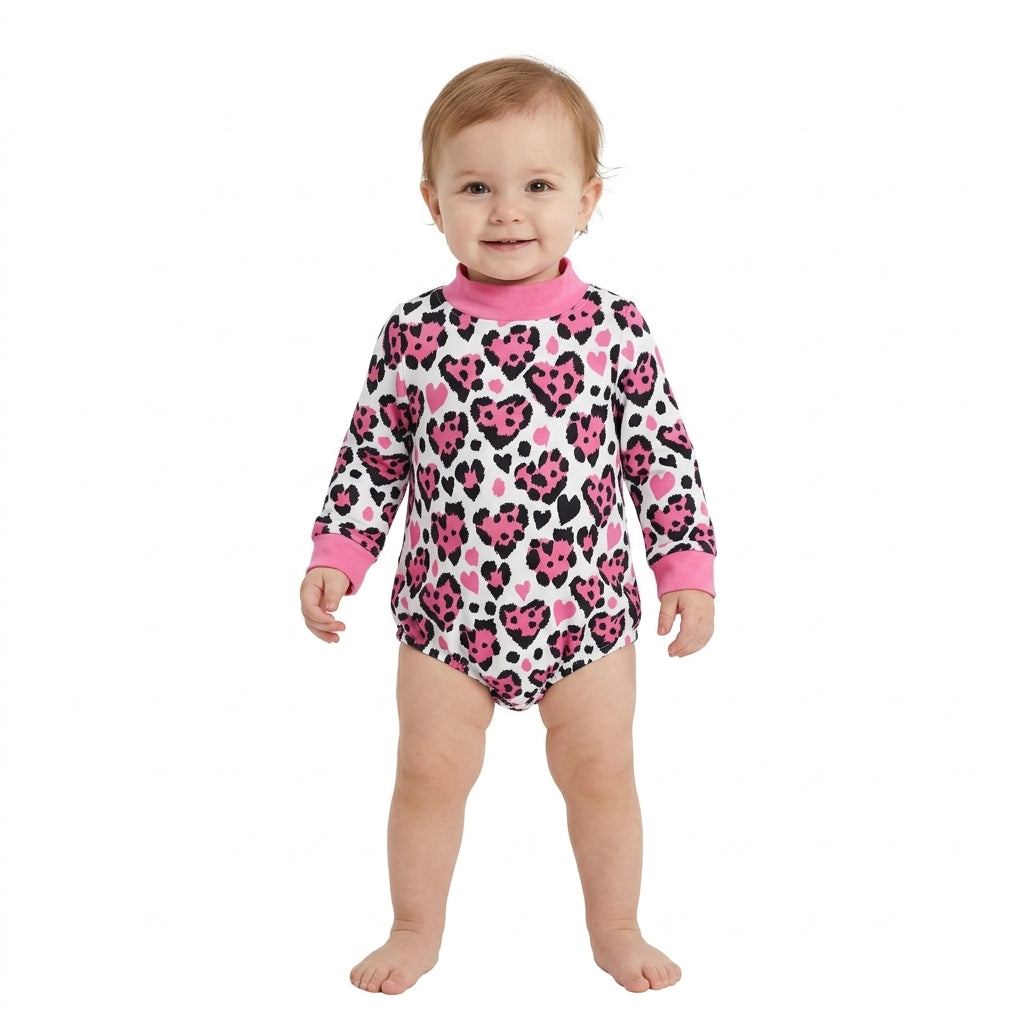 NO MOQ RTS LR3332 Baby Girl Clothes Pink Heart Leopard Mixed Print Long Sleeve Mock Neck Bubble Romper 202610