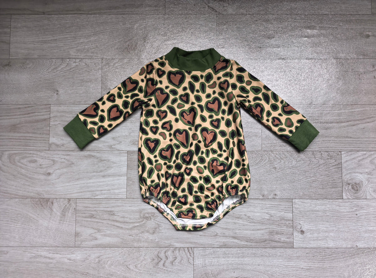 Sample-Real Pics LR3333 Baby Girl Clothes Camo Heart Leopard Mixed Print Long Sleeve Mock Neck Bubble Romper