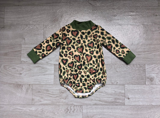 Sample-Real Pics LR3333 Baby Girl Clothes Camo Heart Leopard Mixed Print Long Sleeve Mock Neck Bubble Romper