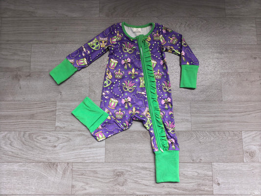 Sample-Real Pics LR3334 Baby Girl Clothes Mardi Gras Mask Crawfish Crown Allover Print Long Sleeve Zip Ruffle Romper Jumpsuit