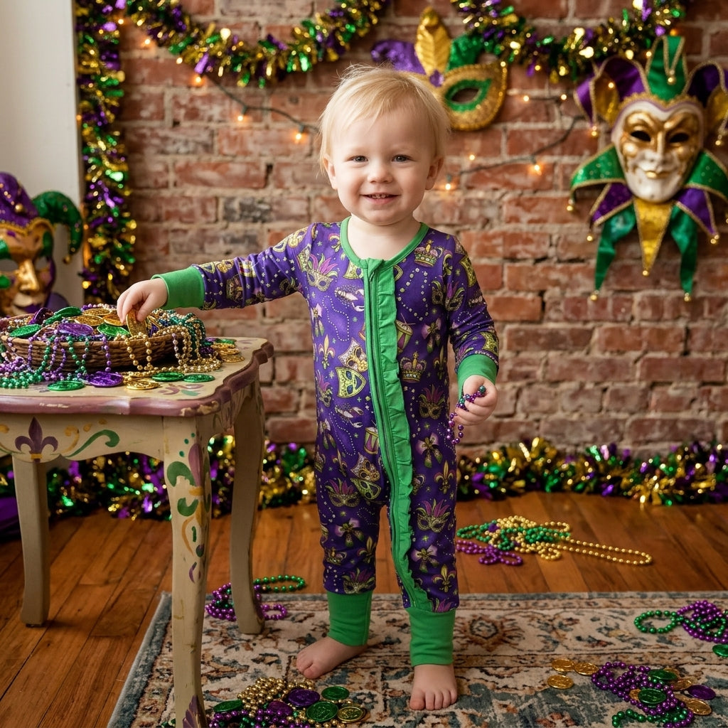 NO MOQ RTS LR3334 Baby Girl Clothes Mardi Gras Mask Fleur De Lis Mixed Print Long Sleeve Zipper Romper 202610