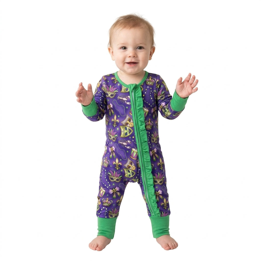 NO MOQ RTS LR3334 Baby Girl Clothes Mardi Gras Mask Fleur De Lis Mixed Print Long Sleeve Zipper Romper 202610