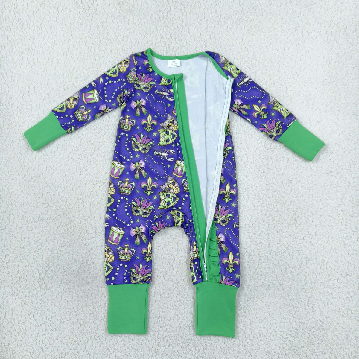 NO MOQ RTS LR3334 Baby Girl Clothes Mardi Gras Mask Fleur De Lis Mixed Print Long Sleeve Zipper Romper 202610