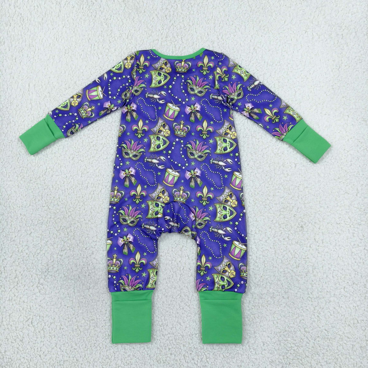 NO MOQ RTS LR3334 Baby Girl Clothes Mardi Gras Mask Fleur De Lis Mixed Print Long Sleeve Zipper Romper 202610