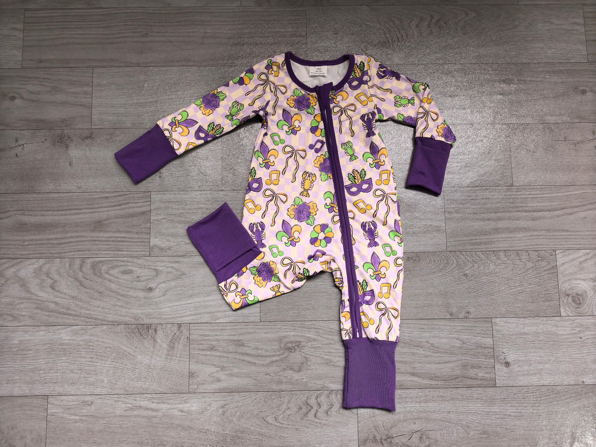 Sample-Real Pics LR3335 Baby Girl Clothes Mardi Gras Crawfish Mask Allover Print Long Sleeve Zip Footless Romper
