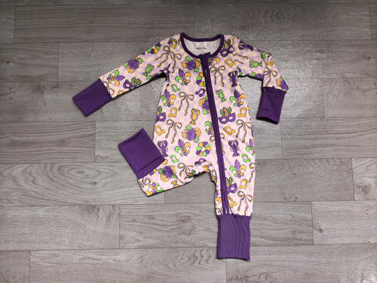 Sample-Real Pics LR3335 Baby Girl Clothes Mardi Gras Crawfish Mask Allover Print Long Sleeve Zip Footless Romper