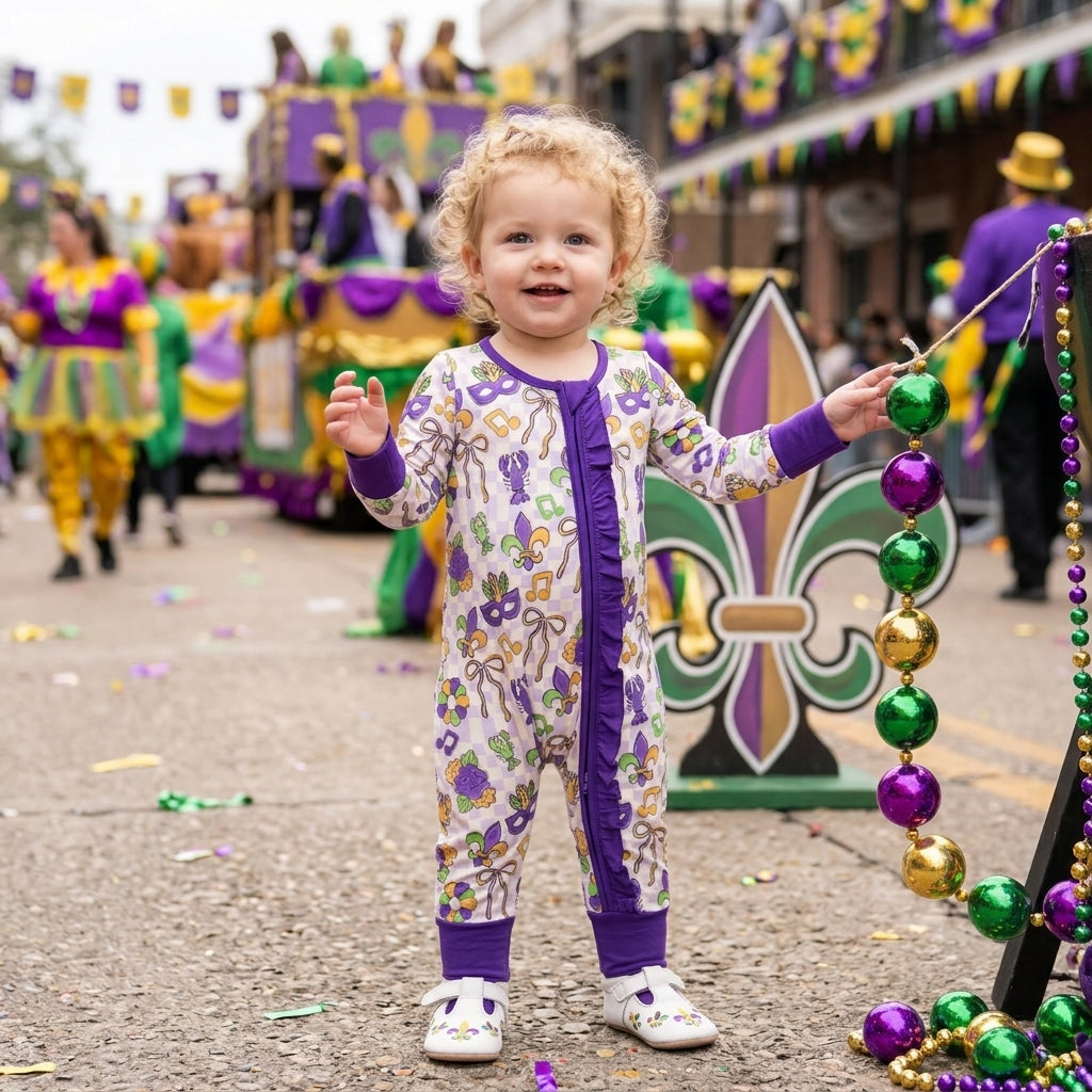 NO MOQ RTS LR3335 Baby Girl Clothes Mardi Gras Crawfish Mask Checker Print Long Sleeve Zipper Ruffle Romper 202610