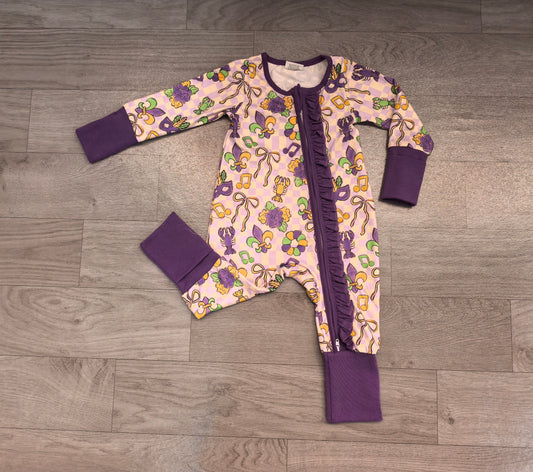 Sample-Real Pics LR3335 (2) Baby Clothes Mardi Gras Crawfish Mask Fleur De Lis Checker Allover Print Long Sleeve Ruffle Zip Jumpsuit Romper