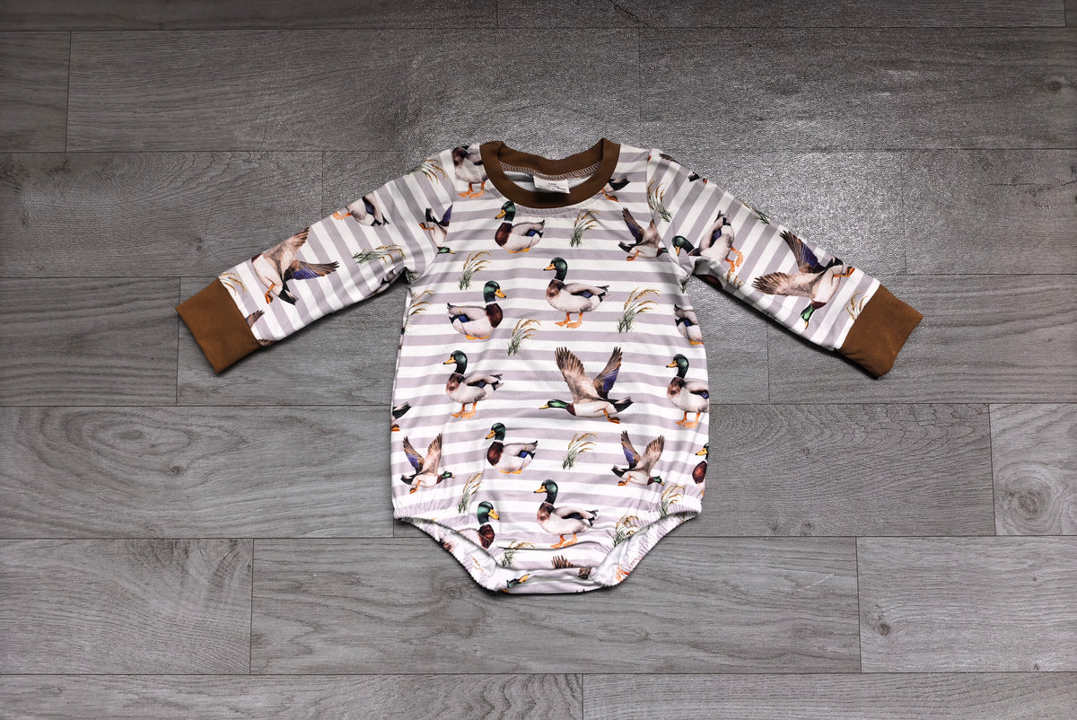 Sample-Real Pics LR3336 Baby Boy Clothes Mallard Duck Stripe Mixed Print Long Sleeve Bubble Romper