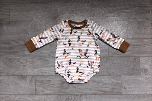 Sample-Real Pics LR3336 Baby Boy Clothes Mallard Duck Stripe Mixed Print Long Sleeve Bubble Romper