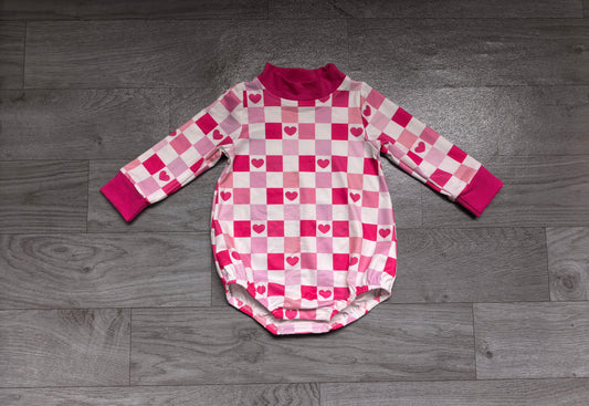 Sample-Real Pics LR3337 Baby Girl Clothes Pink Heart Checkerboard Allover Print Long Sleeve Mock Neck Bubble Romper