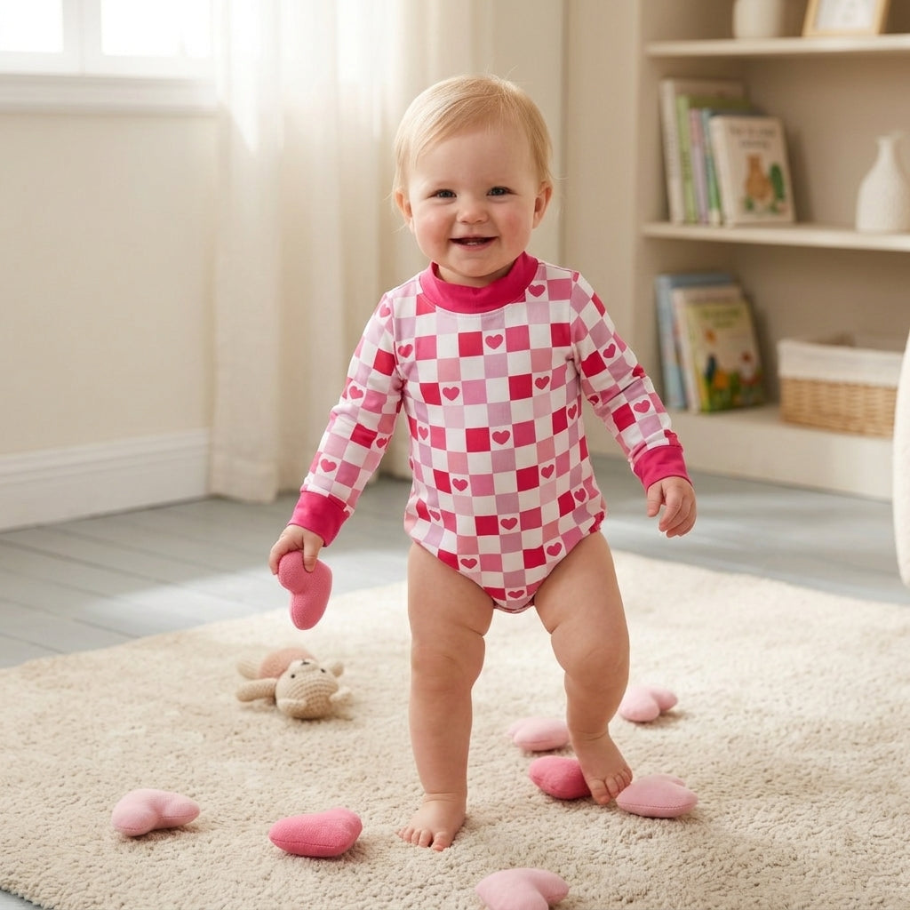 NO MOQ RTS LR3337 Baby Girl Clothes Pink Checker Heart Print Long Sleeve Bubble Romper 202610