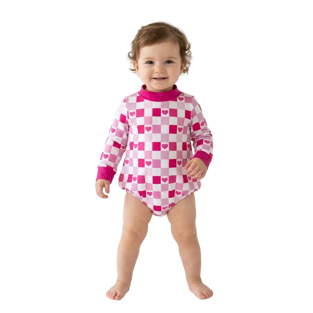 NO MOQ RTS LR3337 Baby Girl Clothes Pink Checker Heart Print Long Sleeve Bubble Romper 202610