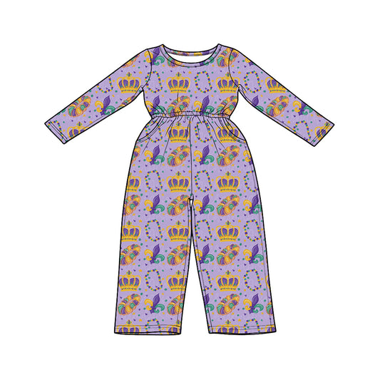 Preorder LR3339 Baby Girl Clothes Mardi Gras Crown Fleur-de-lis Print Long-sleeve Jumpsuit