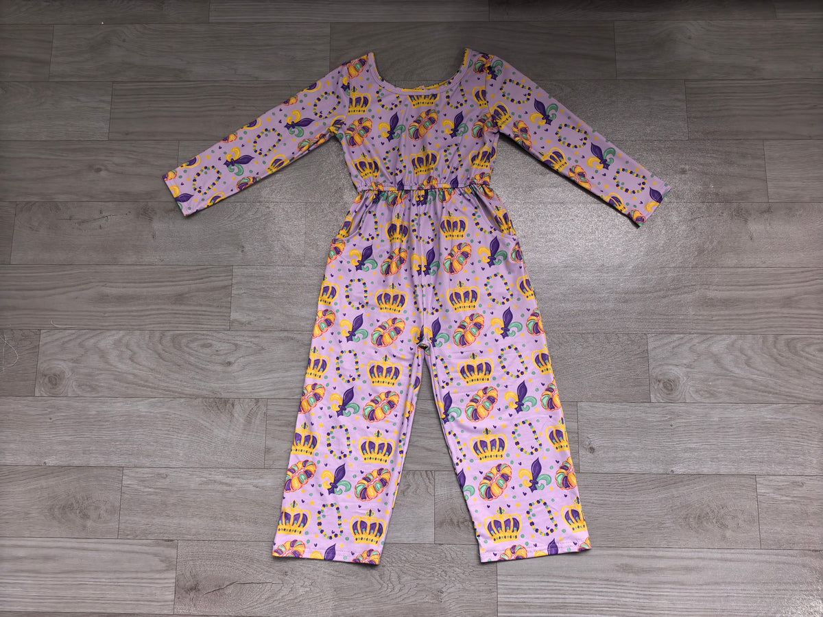 Sample-Real Pics LR3339 Baby Girl Clothes Mardi Gras Crown Bead Allover Print Long Sleeve Elastic Waist Jumpsuit