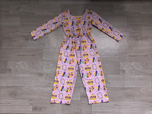 Sample-Real Pics LR3339 Baby Girl Clothes Mardi Gras Crown Bead Allover Print Long Sleeve Elastic Waist Jumpsuit