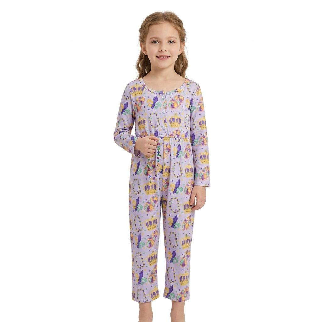 NO MOQ RTS LR3339 Baby Girl Clothes Mardi Gras Crown Bead Mixed Print Long Sleeve Jumpsuit 202610