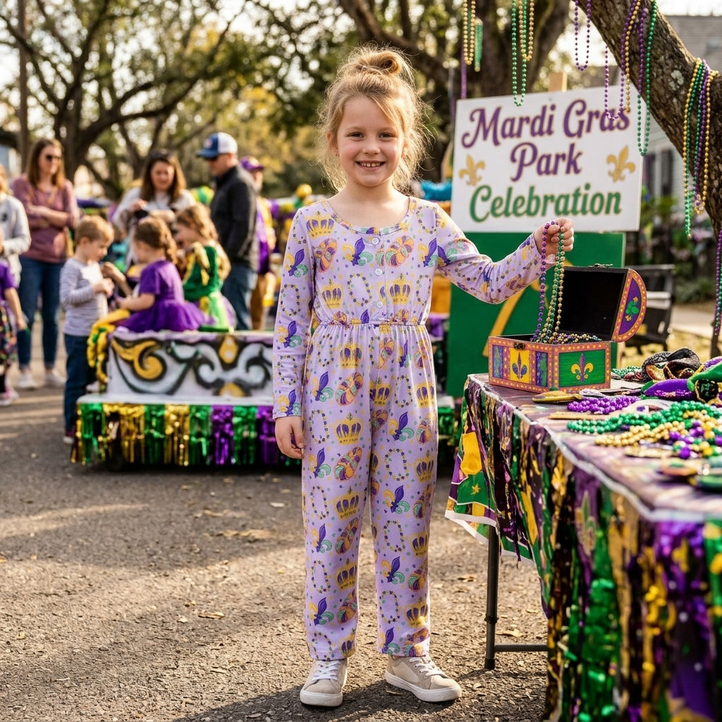 NO MOQ RTS LR3339 Baby Girl Clothes Mardi Gras Crown Bead Mixed Print Long Sleeve Jumpsuit 202610