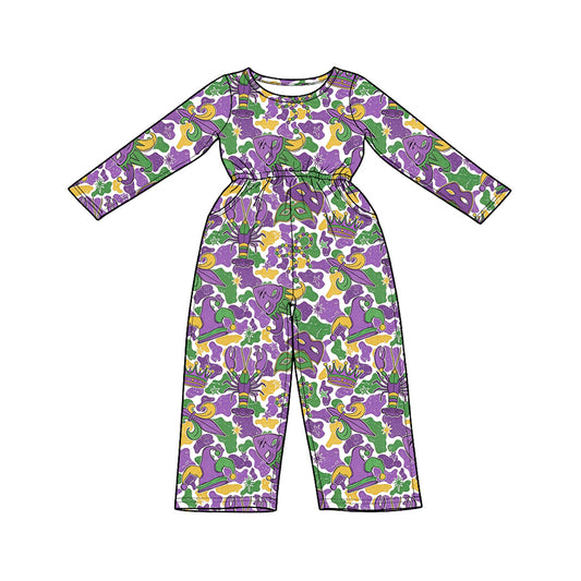 Preorder LR3340 Baby Girl Clothes Mardi Gras Mask Crawfish Camo Print Long‑sleeve Jumpsuit