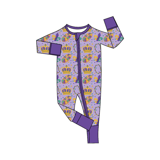 Preorder LR3341 Baby Girl Clothes Mardi Gras Crown Fleur-de-lis Print Long-sleeve Zipper Romper