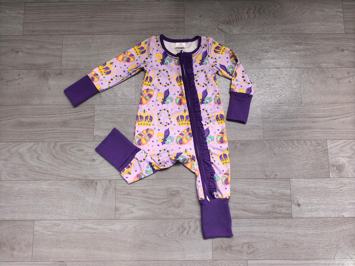 Sample-Real Pics LR3341 Baby Girl Clothes Mardi Gras Crown Bead Allover Print Long Sleeve Ruffle Zip Footless Romper