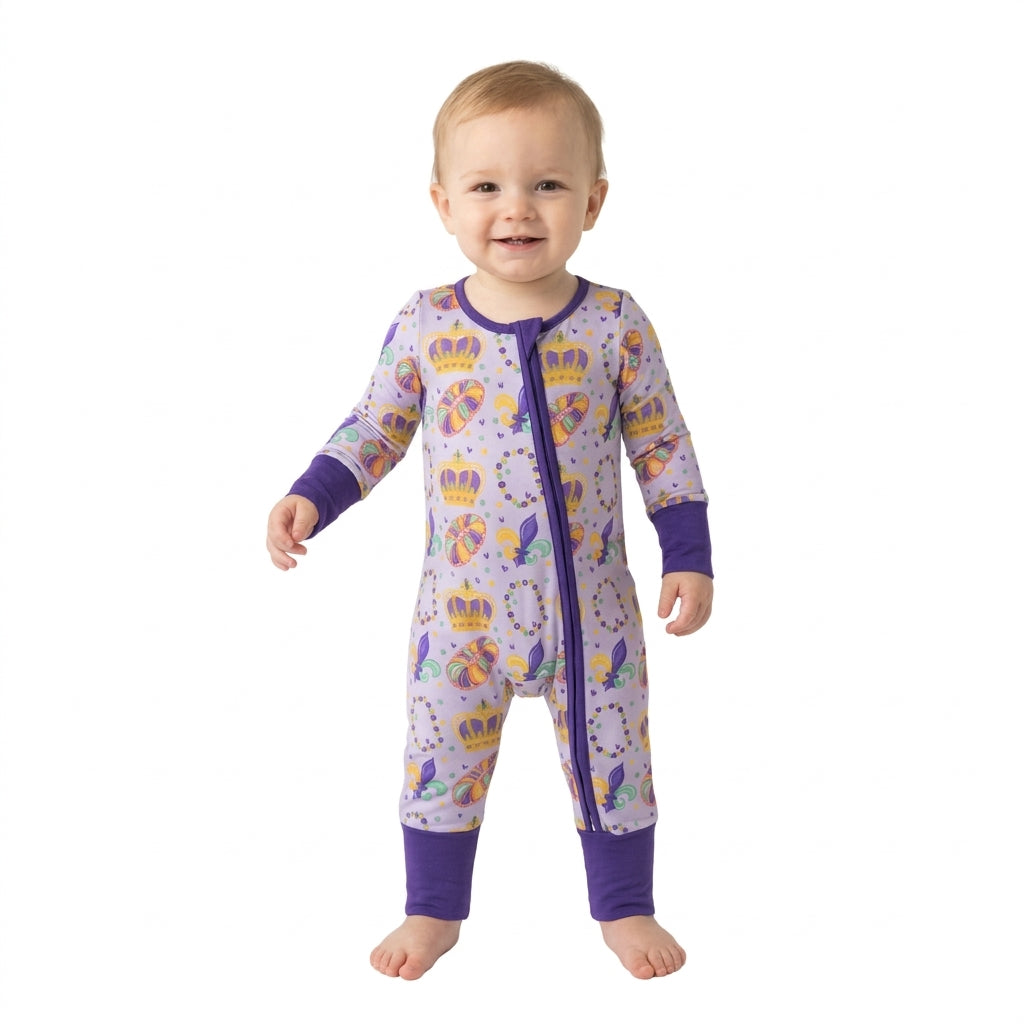 NO MOQ RTS LR3341 Baby Boy Girl Clothes Mardi Gras Crown Fleur De Lis Bead Cartoon Print Long Sleeve Zipper Jumpsuit 202610