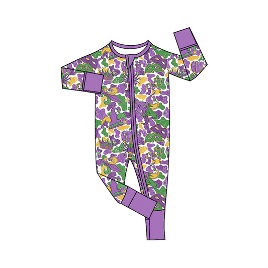 Preorder LR3342 Baby Girl Clothes Mardi Gras Mask Crawfish Camo Print Long‑sleeve Zipper Romper