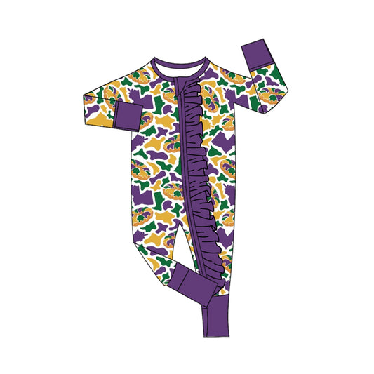Preorder LR3343 Baby Girl Clothes Mardi Gras Mask Crawfish Camo Print Long-sleeve Ruffle Zipper Romper