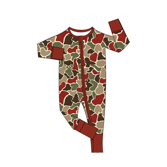Preorder LR3344 Baby Boy Clothes Christmas Reindeer Camo Print Long‑sleeve Zipper Romper