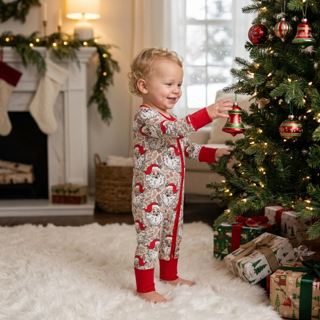 NO MOQ RTS LR3345 Baby Clothes Santa Claus Camo Print Long Sleeve Zipper Romper 202610