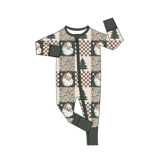 Preorder LR3346 Baby Boy Clothes Christmas Vintage  Santa Checkerboard Patchwork Print Long‑sleeve Zipper Romper