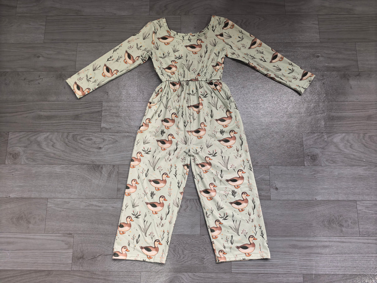 Sample-Real Pics LR3348 Baby Girl Clothes Cute Duck Animal Allover Print Long Sleeve Waist Tie Jumpsuit Romper