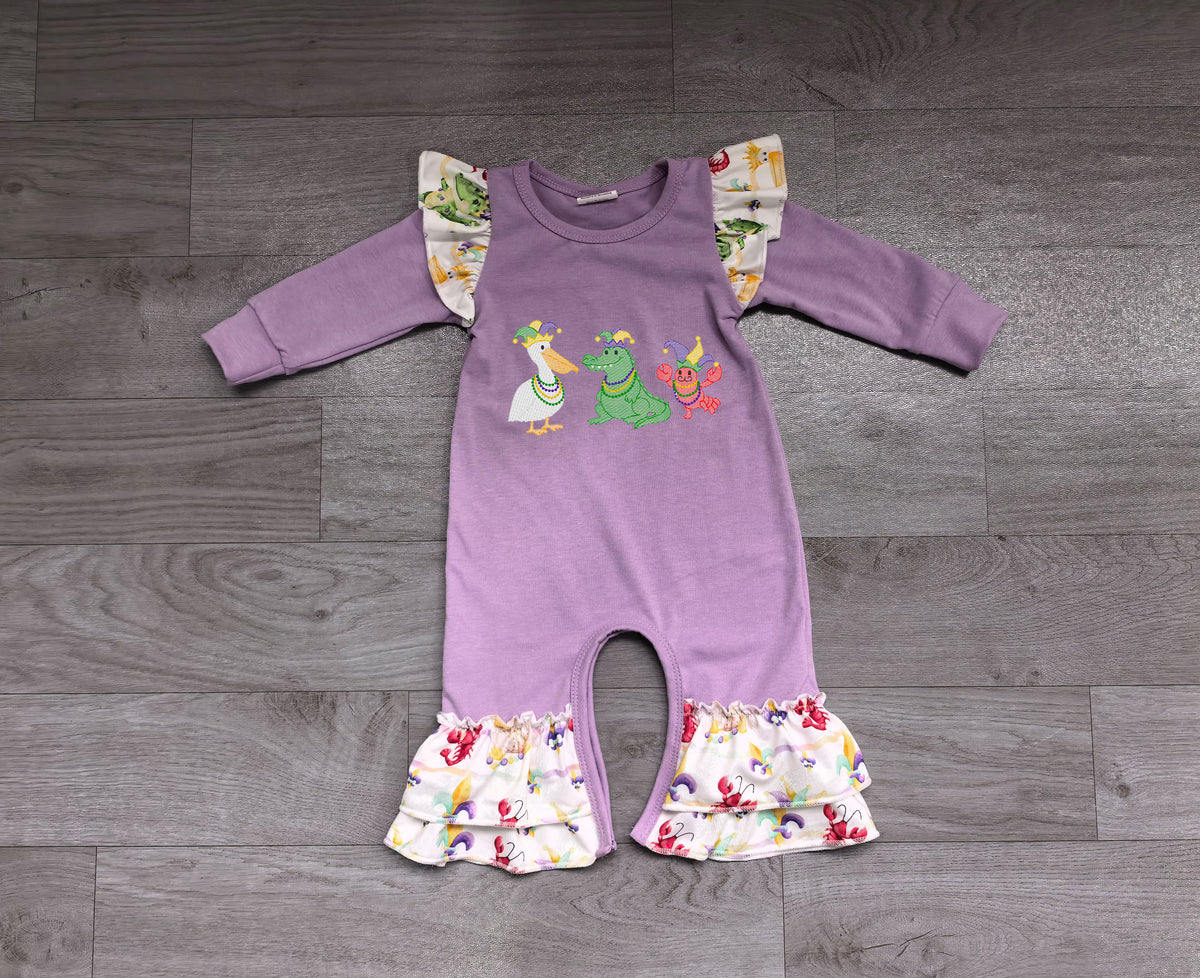 Sample-Real Pics LR3365 Baby Girl Clothes Easter Cartoon Embroidery Mixed Print Long Sleeve Ruffle Romper
