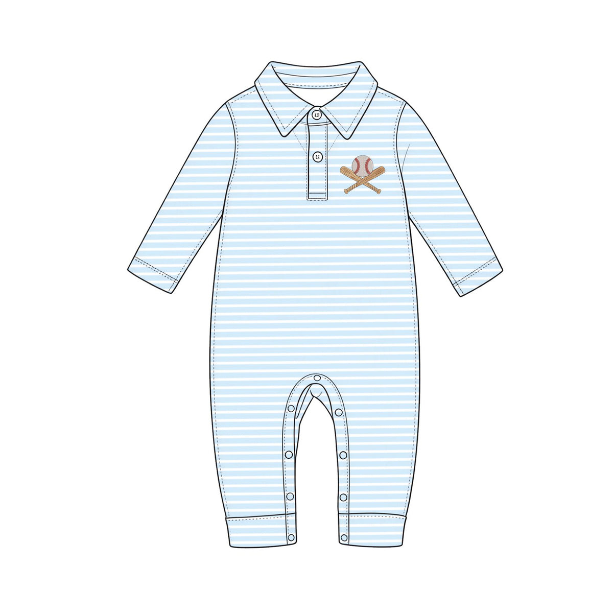 Preorder (moq 5) LR3381 Baby Boy Clothes Light Blue Stripe Baseball Embroidery Long Sleeve Collared Baby Romper