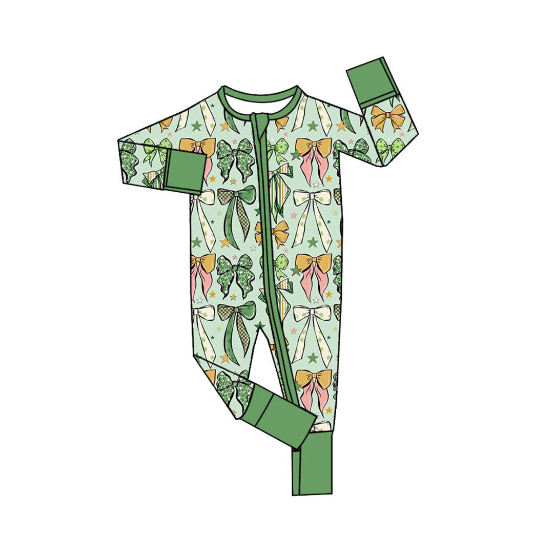 Preorder (moq 5) LR3384 Baby Girl Clothes St Patrick Green Bow Star Mixed Print Long Sleeve Zipper Baby Romper