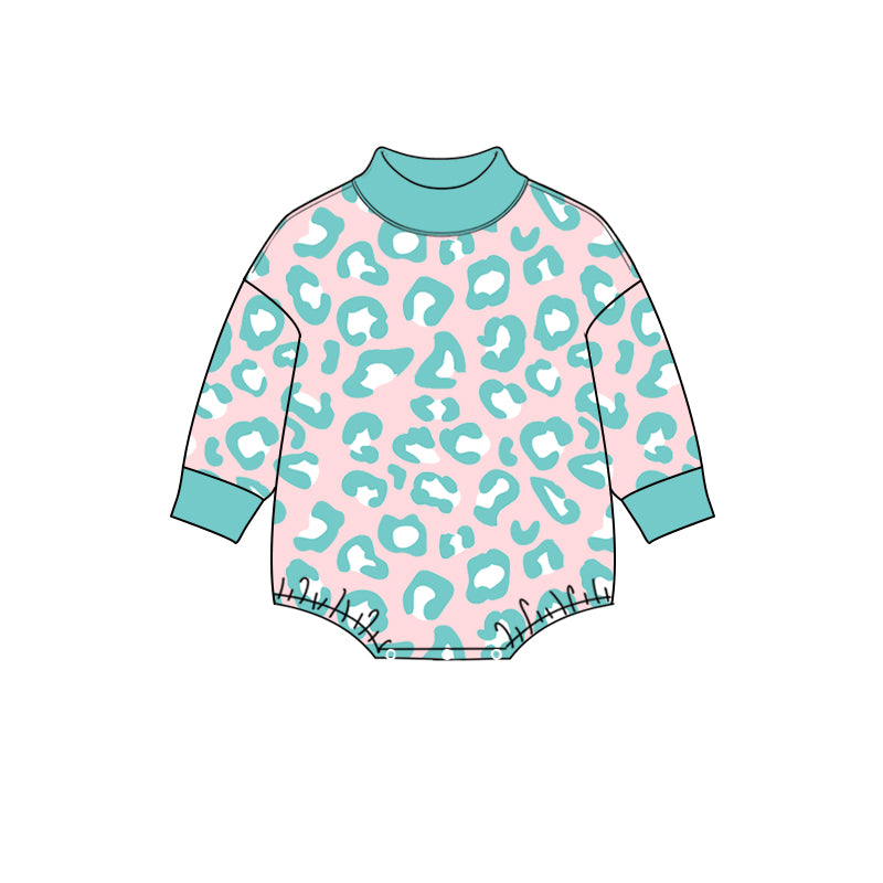 Preorder (moq 5) LR3389 Baby Girl Clothes Mint Pink Leopard Print Long Sleeve Turtleneck Bubble Romper