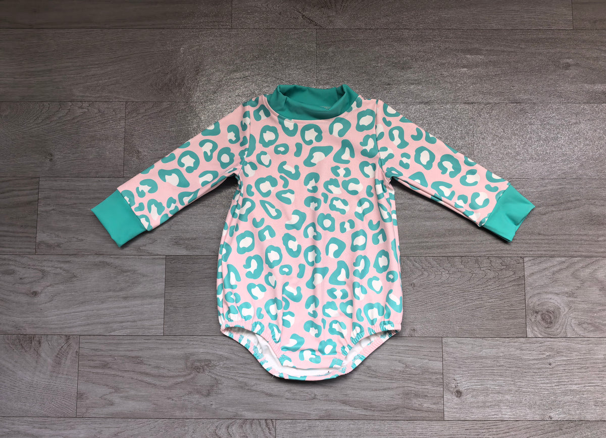 Sample-Real Pics LR3389 Baby Girl Clothes Pink Teal Leopard Print Long Sleeve Bubble Romper