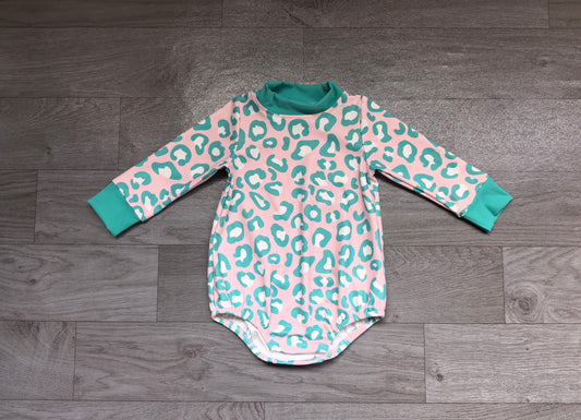 Sample-Real Pics LR3389 Baby Girl Clothes Pink Teal Leopard Print Long Sleeve Bubble Romper