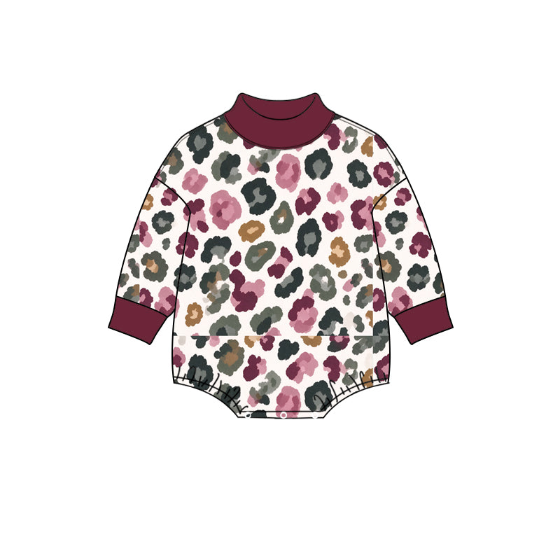 Preorder (moq 5) LR3390 Baby Girl Clothes Watercolor Floral Print Long Sleeve Turtleneck Bubble Romper