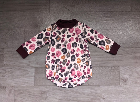 Sample-Real Pics LR3390 Baby Girl Clothes Wine Floral Leopard Print Long Sleeve Bubble Romper