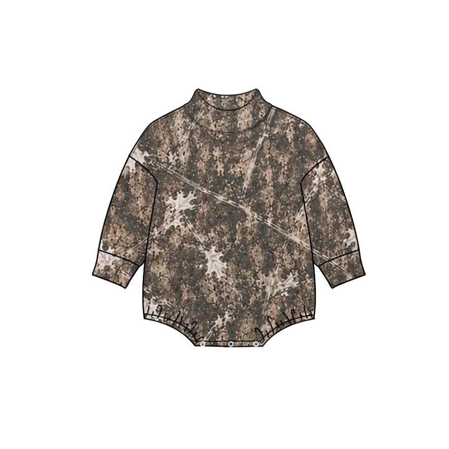 Preorder (moq 5) LR3391 Baby Clothes Oak Leaf Camo Print Long Sleeve Mock Neck Bubble Romper