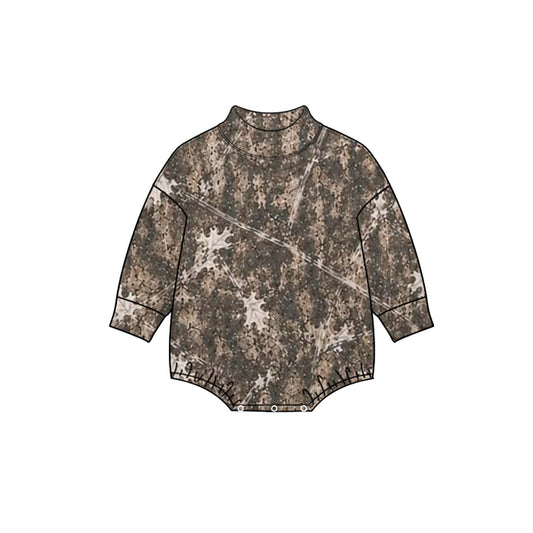 Preorder (moq 5) LR3391 Baby Clothes Oak Leaf Camo Print Long Sleeve Mock Neck Bubble Romper