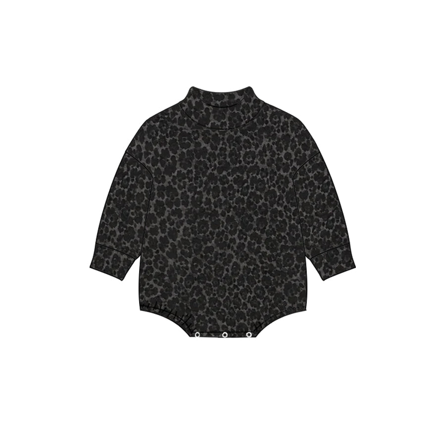 Preorder (moq 5) LR3392 Baby Clothes Dark Leopard Print Long Sleeve Mock Neck Bubble Romper