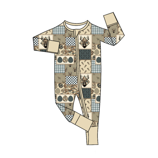 Preorder (moq 5) LR3393 Baby Clothes Easter Deer Patchwork Print Long Sleeve Zipper Footless Romper