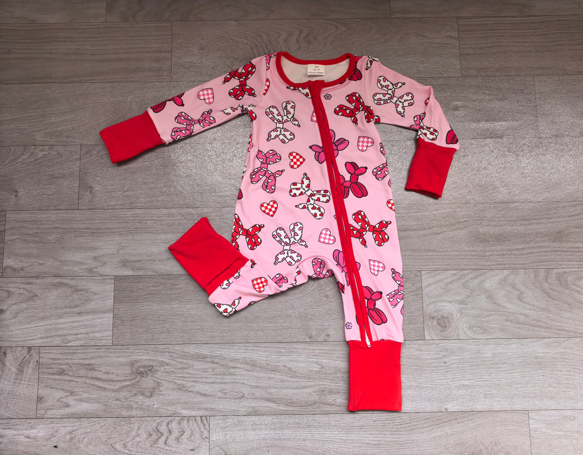Sample-Real Pics LR3406 Baby Girl Clothes Pink Balloon Dog Bow Heart Checkered Print Long Sleeve Zipper Jumpsuit