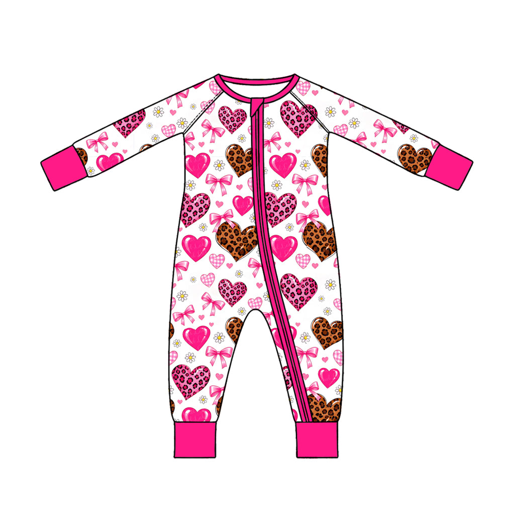 Preorder (moq 5) LR3407 Baby Girl Clothes Brown Pink Heart Mixed Print Long Sleeve Zipper Footed Jumpsuit