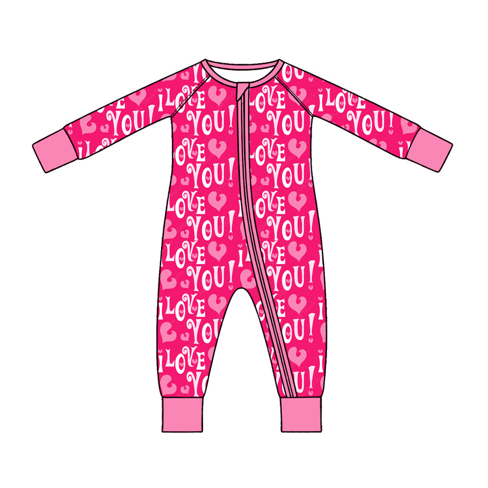 Preorder (moq 5) LR3409 Baby Girl Clothes I Love You Heart Text Print Long Sleeve Zipper Romper
