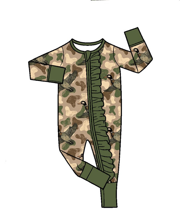 Preorder (moq 5) LR3411 Baby Girl Clothes Camo Animal Mixed Print Long Sleeve Ruffle Zipper Romper