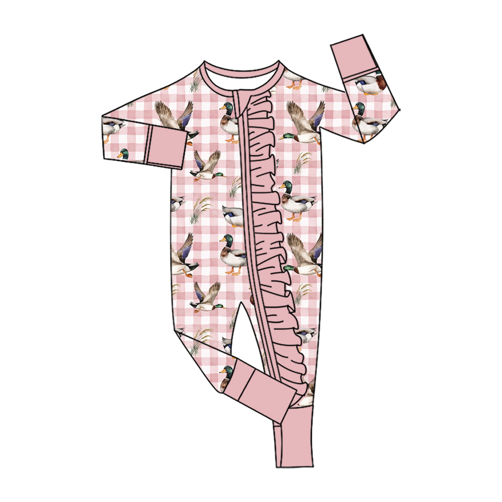 Preorder (moq 5) LR3418 Baby Girl Clothes Pink Gingham Duck Mix Print Long Sleeve Zipper Baby Romper